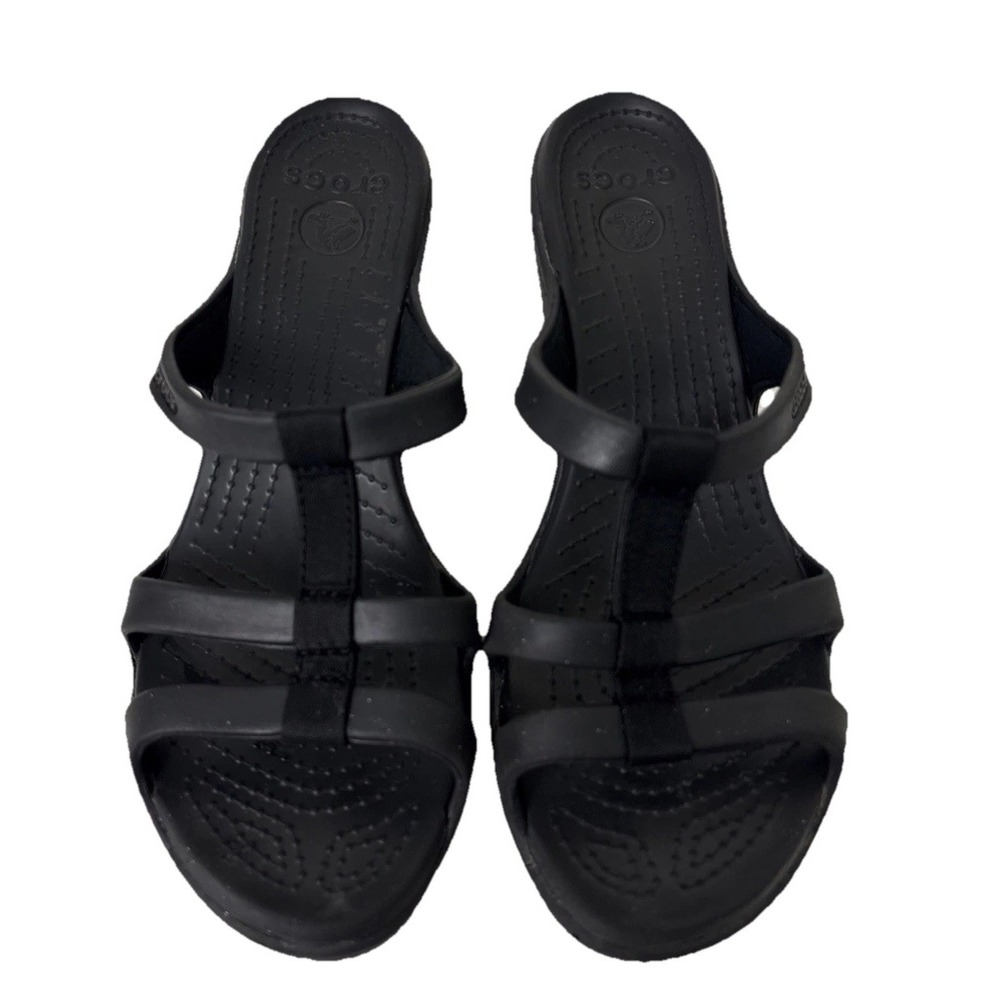 Crocs Cyprus T-Strap Heels Womens 9 Black Slip-Ons Read